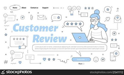 Customer review banner with girl puts feedback or write comment on laptop. Vector landing page of service rating, quality assessment with doodle illustration of woman client, stars and messages. Customer review banner with girl puts feedback