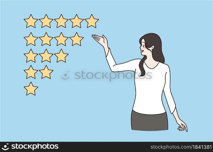 Customer review, client feedback concept. Young female seller cartoon character standing raising her hand at star rating asking to rate vector illustration . Customer review, client feedback concept