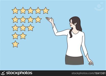 Customer review, client feedback concept. Young female seller cartoon character standing raising her hand at star rating asking to rate vector illustration . Customer review, client feedback concept