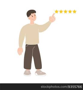 Customer review concept isolated on white background. Young man is pointing five-star rating. Feedback and communication, rating stars. Online feedback reputation quality customer review. Vector illustration