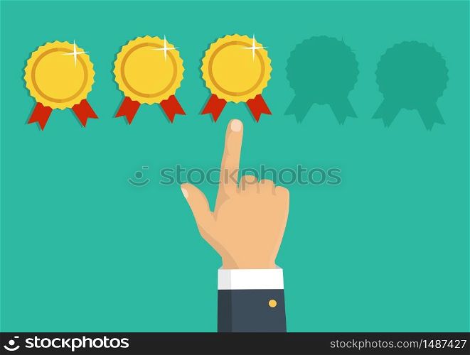 Customer review concept. Vector. Rating golden rewards. Feedback, reputation and quality concept. Hand pointing, finger pointing to five rewards rating. . Rating golden rewards. Feedback, reputation and quality concept. Hand pointing, finger pointing to five rewards rating. Customer review concept. Vector