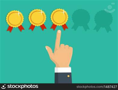 Customer review concept. Vector. Rating golden rewards. Feedback, reputation and quality concept. Hand pointing, finger pointing to five rewards rating. . Rating golden rewards. Feedback, reputation and quality concept. Hand pointing, finger pointing to five rewards rating. Customer review concept. Vector