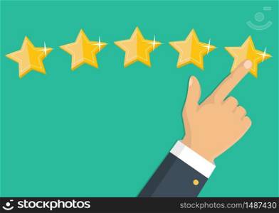 Customer review concept. Vector. Rating golden stars. Feedback, reputation and quality concept. Hand pointing, finger pointing to five star rating. . Rating golden stars. Feedback, reputation and quality concept. Hand pointing, finger pointing to five star rating. Customer review concept. Vector