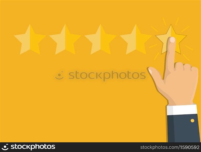 Customer review concept. Vector. Rating golden stars. Feedback, reputation and quality concept. Hand pointing, finger pointing to five star rating.. Rating golden stars. Feedback, reputation and quality concept. Hand pointing, finger pointing to five star rating. Customer review concept. Vector