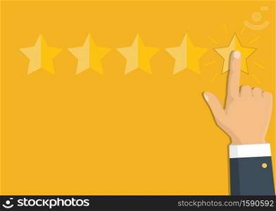 Customer review concept. Vector. Rating golden stars. Feedback, reputation and quality concept. Hand pointing, finger pointing to five star rating.. Rating golden stars. Feedback, reputation and quality concept. Hand pointing, finger pointing to five star rating. Customer review concept. Vector