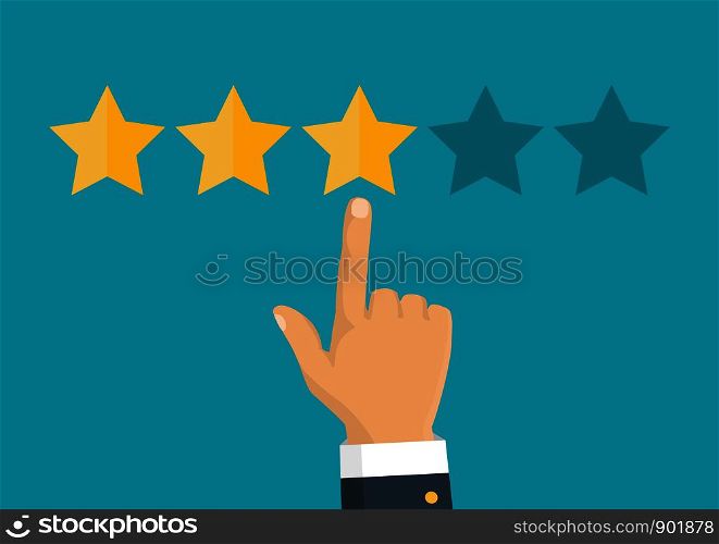 Customer review concept. Vector. Rating golden stars. Feedback, reputation and quality concept. Hand pointing, finger pointing to five star rating. . Rating golden stars. Feedback, reputation and quality concept. Hand pointing, finger pointing to five star rating. Customer review concept. Vector