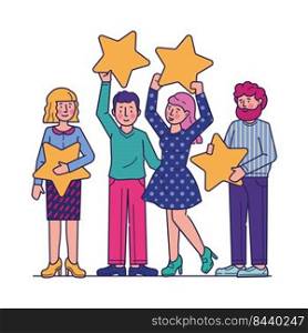 Customer review evaluation flat vector illustration. Quality rating with stars. Consumer feedback and satisfaction concept. People holding stars over heads.