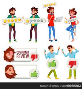 Customer Review Set Vector. Business Positive, Negative Client Review. Store Quality Work. Man, Woman Review Rating. Isolated Flat Cartoon Character Illustration. Customer Review Set Vector. Business Positive, Negative Client Review. Store Quality Work. Man, Woman Review Rating. Isolated Cartoon Character Illustration