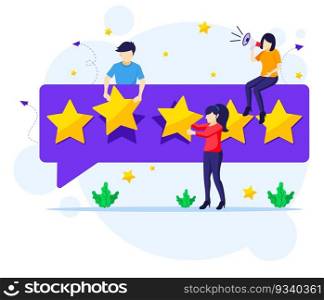 Customer reviews concept, People giving five stars rating and review, positive feedback. Customer Service and User Experience flat vector illustration