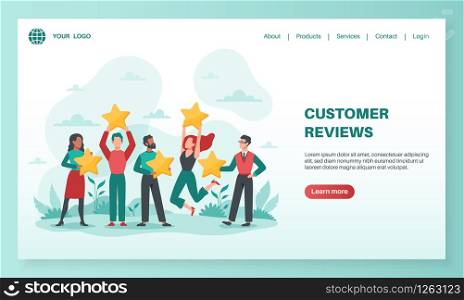 Customer reviews landing. Clients feedback rating, user evaluating product or service, people with stars design for mobile app, vector web marketing page. Customer reviews landing. Clients feedback rating, user evaluating product or service, people with stars design for mobile app, vector web page