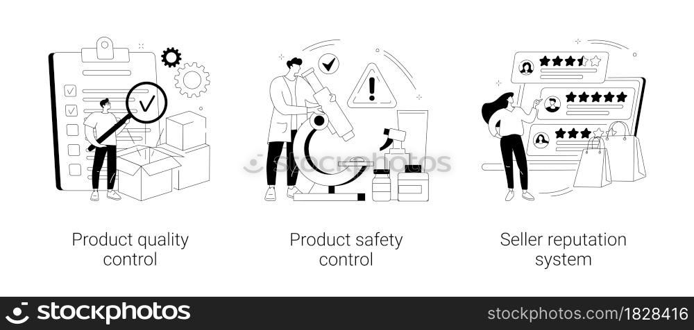 Customer satisfaction abstract concept vector illustration set. Product quality and safety control, seller reputation system, customer feedback, warranty certificate, shop rating abstract metaphor.. Customer satisfaction abstract concept vector illustrations.