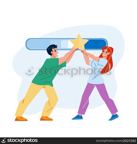 Customer Satisfaction And Review Rating Vector. Man And Woman Customer Satisfaction And Feedback Of Service Or Product. Characters Shoppers Experience And Opinion Flat Cartoon Illustration. Customer Satisfaction And Review Rating Vector