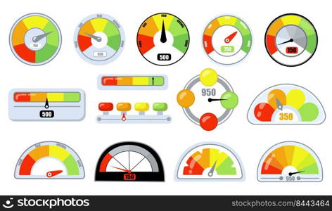 Customer satisfaction indicators with poor and good levels flat icon set. Credit score vector illustration collection. Rating and assessment concept