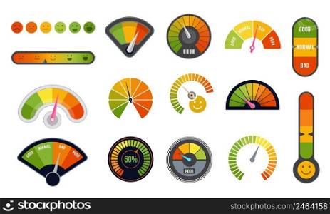 Customer satisfaction meter set. Vector quality indicator and business rating counter. Vector infographic isolated set. Ranking scales with pointers from good to poor, positive and negative rate. Customer satisfaction meter set. Vector quality indicator and business rating counter. Vector infographic isolated set