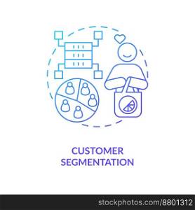 Customer segmentation blue gradient concept icon. Virtual algorithm. Data science in marketing abstract idea thin line illustration. Isolated outline drawing. Myriad Pro-Bold font used. Customer segmentation blue gradient concept icon