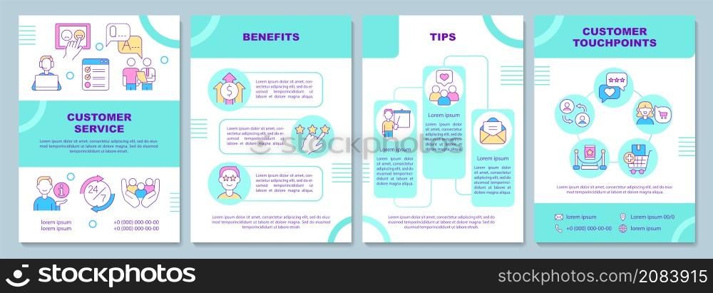 Customer service brochure template. Benefits and advice. Booklet print design with linear icons. Vector layouts for presentation, annual reports, ads. Arial-Black, Myriad Pro-Regular fonts used. Customer service brochure template