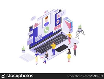Customer service center isometric vector illustration. Client online support. Order processing. Call center, customer assistance 3d concept. Technical support and order management isolated clipart. Customer service center isometric vector illustration