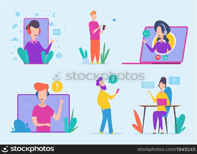 Customer service characters. Virtual support agency hotline business clients helpline vector concept icons. Support assistance, assistant operator information illustration. Customer service characters. Virtual support agency hotline business clients helpline vector concept icons