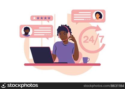 Customer service concept. African woman with headphones and microphone with laptop. Support, assistance, call center. Vector illustration. Flat style