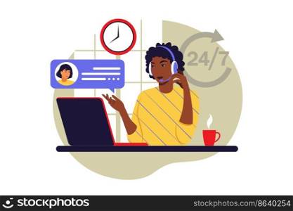 Customer service concept. African woman with headphones and microphone with laptop. Support, assistance, call center. Vector illustration. Flat style