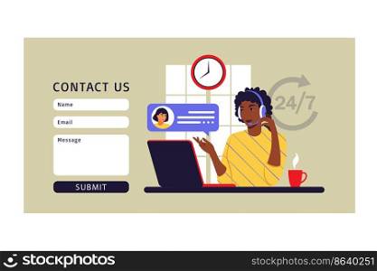 Customer service concept. Contact us. African woman with headphones and microphone with laptop. Vector illustration. Flat