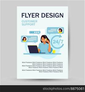 Customer service concept. Flyer design. Woman with headphones and microphone with laptop. Support, assistance, call center. Vector illustration. Flat style
