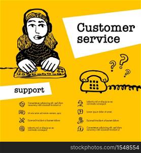 Customer service concept. Support operator chat. Web banner with female character with a headset on yellow background. Doodle ink style vector illustration. Customer service concept. Support operator chat. Web banner with female character with a headset on yellow background. Doodle ink style vector illustration.