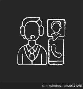 Customer service department chalk white icon on black background. Support professionals. Providing speedy, effective resolutions. Communication channels. Isolated vector chalkboard illustration. Customer service department chalk white icon on black background