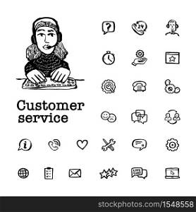 Customer service elements. Help and Support related Vector hand drawn icons and female character on white background. Doodle ink style vector illustration. Customer service concept. Online chat. Round shape frame with Help and Support Related Vector hand drawn icons and female character on yellow background. Doodle ink style vector illustration