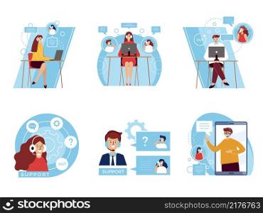 Customer service. Headset office help characters phone dialogue with clients corporate clients talking happy consultant recent vector flat illustrations. Headset service, customer center call. Customer service. Headset office help characters phone dialogue with clients corporate clients talking happy consultant recent vector flat illustrations