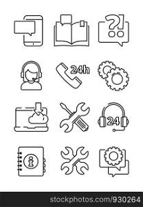 Customer service help icon. Office web or online and telephone support center admin vector linear symbols isolated. Illustration of help service, support info center for customer. Customer service help icon. Office web or online and telephone support center admin vector linear symbols isolated