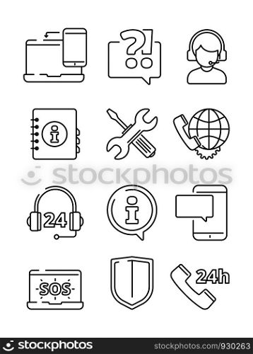 Customer service icons. Support help at phone line or web vector line symbols. Illustration of customer service, support and communication. Customer service icons. Support help at phone line or web vector line symbols