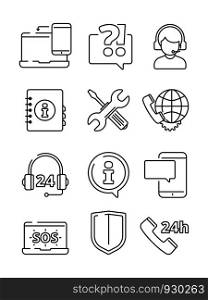 Customer service icons. Support help at phone line or web vector line symbols. Illustration of customer service, support and communication. Customer service icons. Support help at phone line or web vector line symbols