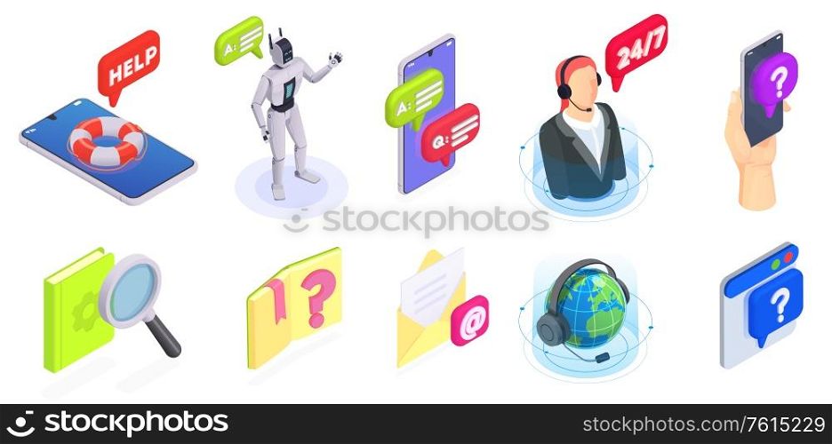 Customer service isometric isolated icon set with abstract situations and elements chat bot operator smartphone vector illustration