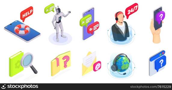 Customer service isometric isolated icon set with abstract situations and elements chat bot operator smartphone vector illustration