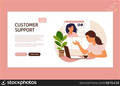 Customer service landing page. Female hotline operator advises client, online technical support. Operator solving problems. Concept for support, assistance, call center. Vector illustration. Flat.