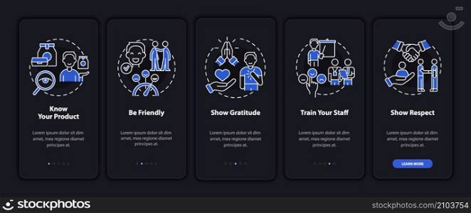 Customer service night mode onboarding mobile app screen. Walkthrough 5 steps graphic instructions pages with linear concepts. UI, UX, GUI template. Myriad Pro-Bold, Regular fonts used. Customer service night mode onboarding mobile app screen