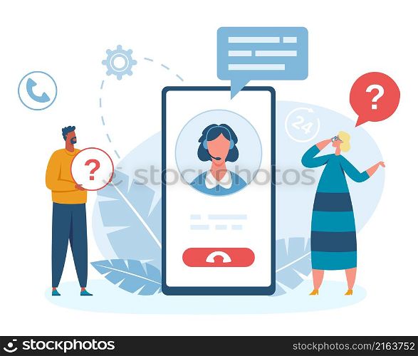 Customer service online by phone, help and assist. Vector service support technology faq illustration. Customer service online by phone, help and assist