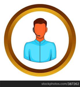 Customer service operator in headset vector icon in golden circle, cartoon style isolated on white background. Customer service operator, headset vector icon