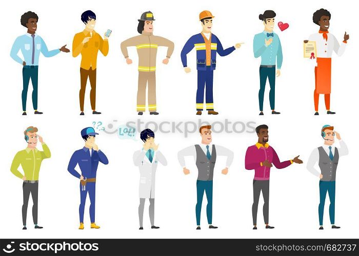 Customer service operator in headset with microphone. Full length of young customer service operator in headset with microphone. Set of vector flat design illustrations isolated on white background.. Vector set of professions characters.