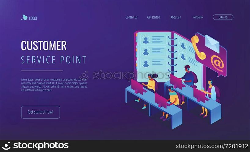Customer service operators in headsets, phone and email contacts. Contact center, customer service point, customer relationship management concept. Isometric 3D website app landing web page template. Contact center isometric 3D landing page.