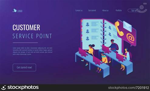Customer service operators in headsets, phone and email contacts. Contact center, customer service point, customer relationship management concept. Isometric 3D website app landing web page template. Contact center isometric 3D landing page.
