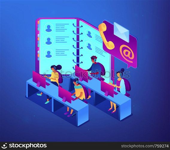Customer service operators in headsets, phone and email contacts. Contact center, customer service point, customer relationship management concept. Ultraviolet neon vector isometric 3D illustration.. Contact center isometric 3D concept illustration.
