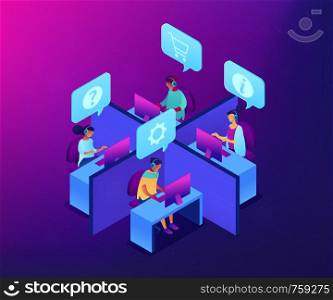 Customer service operators wearing headsets answering phones in the office. Call center, handling call system, virtual call center concept. Ultraviolet neon vector isometric 3D illustration.. Call center isometric 3D concept illustration.