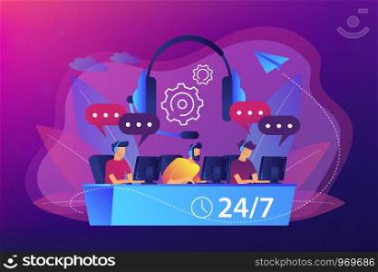 Customer service operators with headsets at computers consulting clients 24 for 7. Call center, handling call system, virtual call center concept. Bright vibrant violet vector isolated illustration. Call center concept vector illustration.