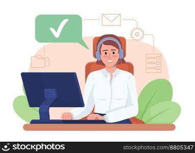 Customer service problem-solving skill 2D vector isolated illustration. Smiling assistant with headset flat character on cartoon background. Colorful editable scene for mobile, website, presentation. Customer service problem-solving skill 2D vector isolated illustration