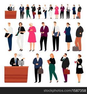 Customer service queue line. People waiting row, vector crowd of business men and women cartoon persons standing in long line and wait isolated on white background. Customer service queue line