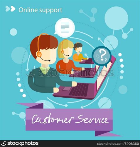 Customer service representative at computer in headset. Online support. Cartoon phone operator. Individual approach. Support centerand. Customer support interactivity in flat design concept. Customer service concept