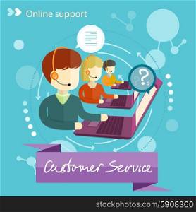 Customer service representative at computer in headset. Online support. Cartoon phone operator. Individual approach. Support centerand. Customer support interactivity in flat design concept. Customer service concept