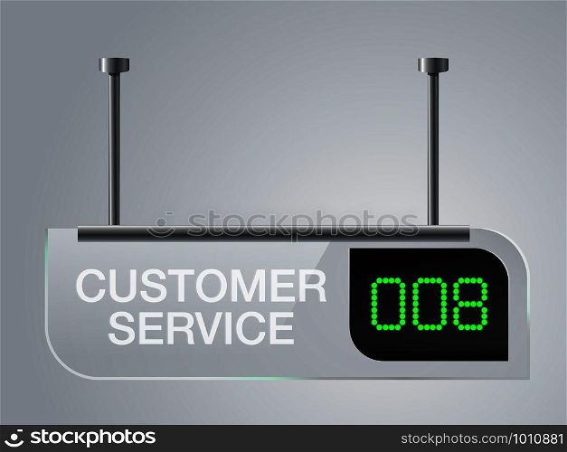 Customer service sign board Made of clear glass Service queue number. Vector realistic.